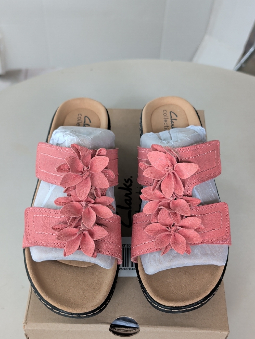Clarks Coral Pink Floral Double-Strap Slide Sandals SZ 11 W Chic Comfy Casual